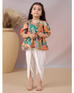 Green Coral Printed Muslin Top with Dhoti - Set of 2