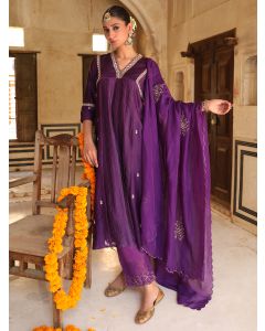 Purple Hand Embroidered Silk Suit- Set of 3