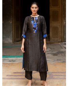 Black Embroidered Linen Silk Kurta with Pants- Set of 2