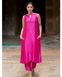 Pink Hand Embroidered Linen Silk Kurta with Pants- Set of 2