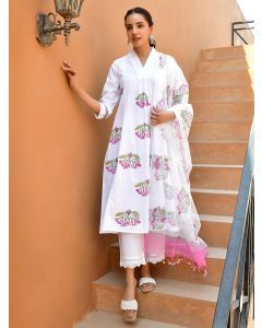 White Hand Block Printed Cotton Suit- Set of 3