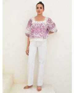 Purple Hand Block Printed Cotton Lurex Top