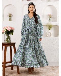 Green Blue Hand Block Printed Cotton Dress with Belt