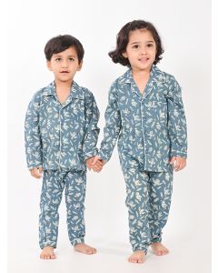 Blue Hand Block Printed Cotton Mulmul Unisex Nightsuit - Set of 2