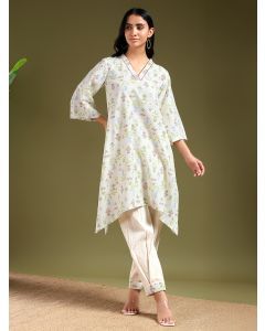 White Printed Cotton Slub Kurta with Pants- Set of 2