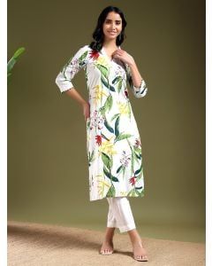 White Printed Cotton Kurta with Pants- Set of 2