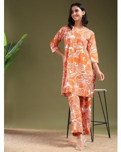 Orange Printed Cotton Kurta with Pants- Set of 2