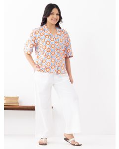 Orange Blue Hand Block Printed Cotton Shirt