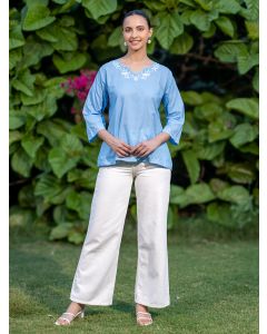 Light Blue Embroidered Cotton Top