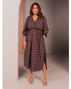 Brown Checkered Cotton Wrap Dress