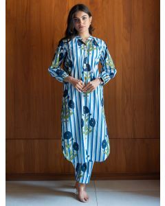 Blue Striped Printed Cotton Kurta with Pants - Set of 2