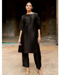 Black Hand Embroidered Linen Silk Kurta with Pants- Set of 2