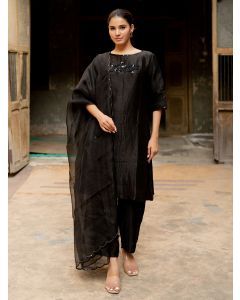 Black Hand Embroidered Linen Silk Suit- Set of 3