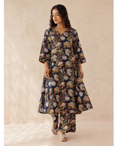 Blue Printed Cotton Kurta and Pants- Set of 2