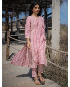 Pink Printed Muslin Kurta with Pants- Set of 2