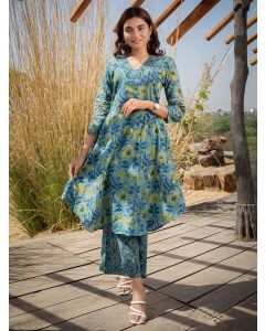 Sea Green Hand Block Printed Cotton Kurta with Palazzo- Set of 2