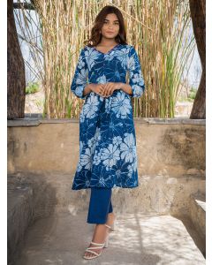 Blue Hand Block Printed Cotton Kurta with Pants- Set of 2