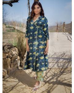 Blue Green Hand Block Printed Muslin Kurta with Pants- Set of 2