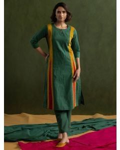Green Color Block Cotton Linen Kurta with Pants - Set of 2