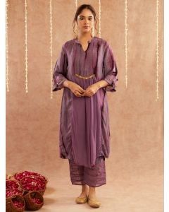 Purple Satin Silk Kurta with Pants and Potli- Set of 3