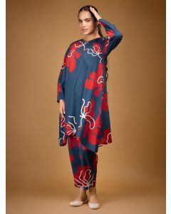 Blue Red Printed Cotton Kurta with Pants- Set of 2