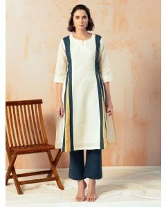 White Color Block Cotton Linen Kurta with Pants - Set of 2