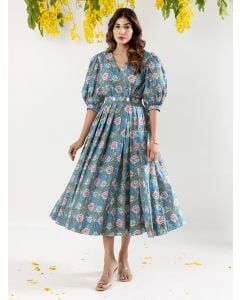 Grey Pink Hand Block Printed Cotton Dress