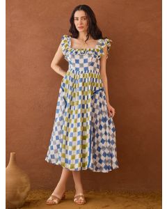 Blue White Hand Block Printed Cotton Mulmul Dress