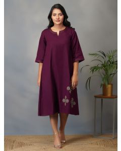 Purple Ajrakh Hand Block Printed Cotton A-Line Dress