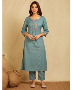 Blue Embroidered Cotton Linen Kurta with Pants- Set of 2