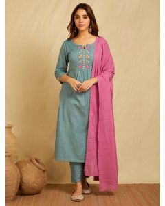 Blue Embroidered Cotton Linen Suit- Set of 3