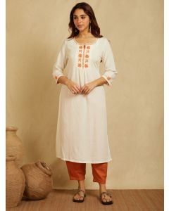 Ivory Embroidered Cotton Linen Kurta with Pants- Set of 2