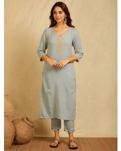 Sky Blue Embroidered Cotton Kurta with Pants- Set of 2