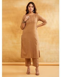 Brown Embroidered Cotton Kurta with Pants - Set of 2