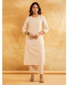 Cream Embroidered Cotton Kurta with Pants - Set of 2