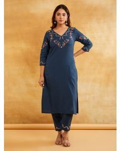 Blue Embroidered Cotton Linen Kurta with Pants - Set of 2