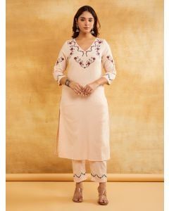 Ligth Pink Embroidered Cotton Linen Kurta with Pants - Set of 2