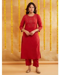 Red Zari Embroidered Cotton Kurta with Pants - Set of 2