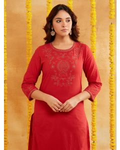 Red Zari Embroidered Cotton Suit - Set of 3