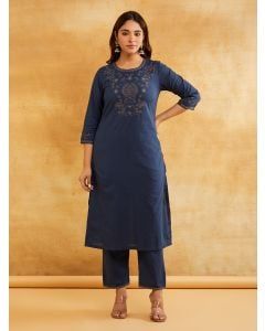 Blue Zari Embroidered Cotton Kurta with Pants - Set of 2
