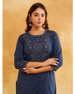 Blue Zari Embroidered Cotton Suit - Set of 3