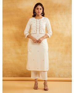 White Hand Embroidered Cotton Kurta with Pants - Set of 2