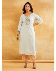 Sky Blue Embroidered Cotton Kurta with Pants - Set of 2