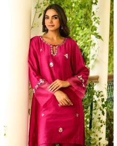 Fuchsia Hand Embroidered Cotton Silk Kurta with Pants- Set of 2