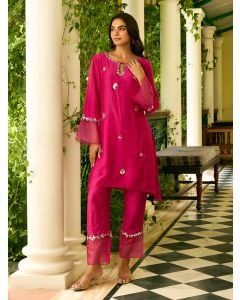 Fuchsia Hand Embroidered Cotton Silk Kurta with Pants- Set of 2