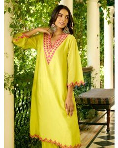 Lime Yellow Embroidered Viscose Chanderi Kurta with Pants- Set of 2
