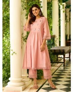 Powder Pink Hand Embroidered Chanderi Kurta with Pants- Set of 2