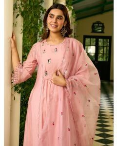 Powder Pink Hand Embroidered Chanderi Kurta with Pants- Set of 2