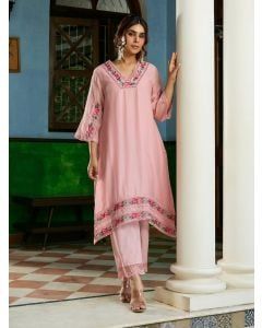 Powder Pink Embroidered Chanderi Kurta with Pants- Set of 2