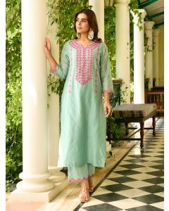 Blue Embroidered Viscose Chanderi Kurta with Pants- Set of 2